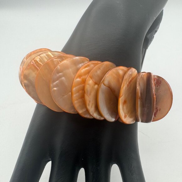Abalone Shell Disc Stretch Bracelet Salmon Iridescent Elastic Circular Beads - Picture 2 of 4